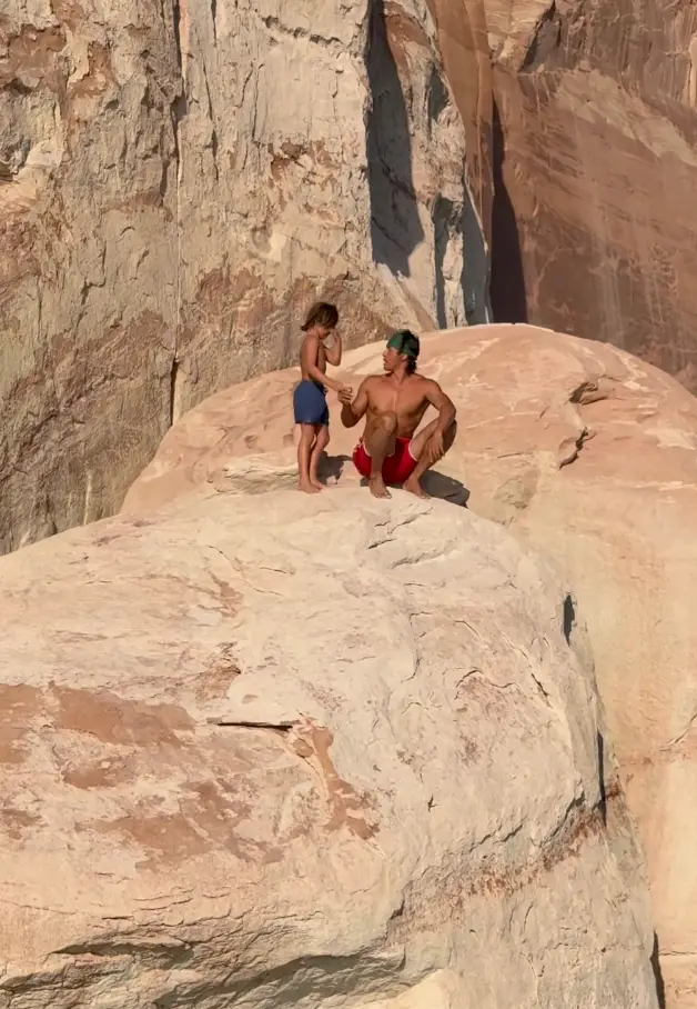 The youngster was clearly nervous to jump off (@garrettgee/Instagram)