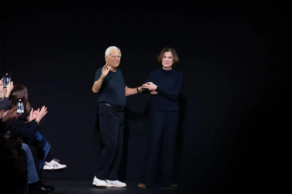 Italian designer Giorgio Armani at the end of his Emporio Armani fashion show at Milan Fashion Week Women's Collection Fall Winter 2025, in February (Matteo Rossetti/Archivio Matteo Rossetti/Mondadori Portfolio via Getty Images)