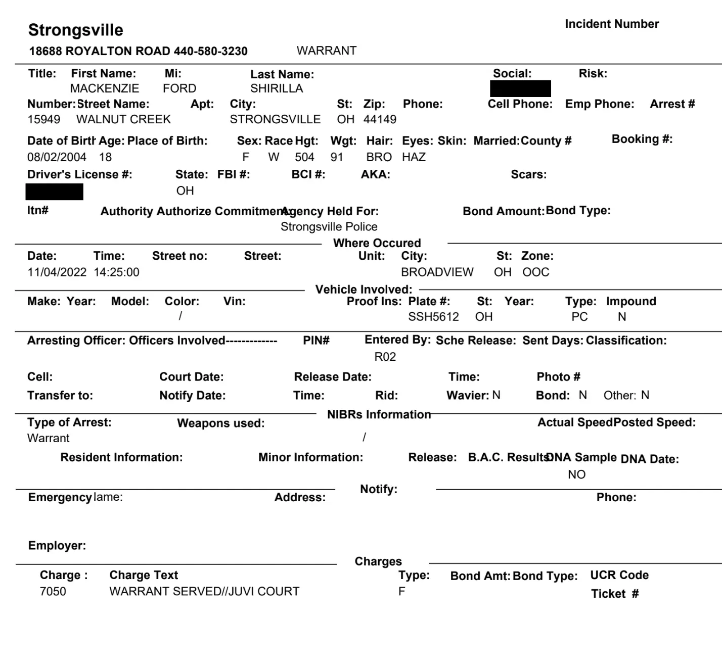 Mackenzie Shirilla's arrest warrant (Strongsville Police Department)