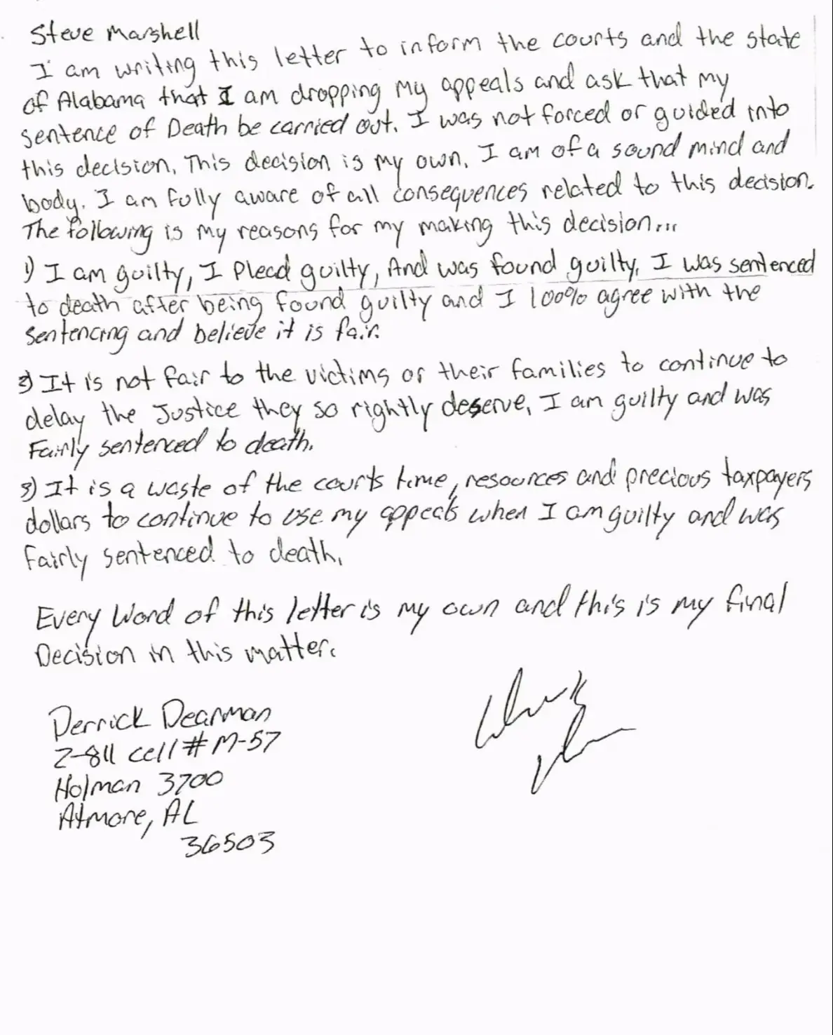 In the build-up to his execution, Dearman wrote a letter addressing why he wanted to be executed (Alabama Attorney General’s Office)
