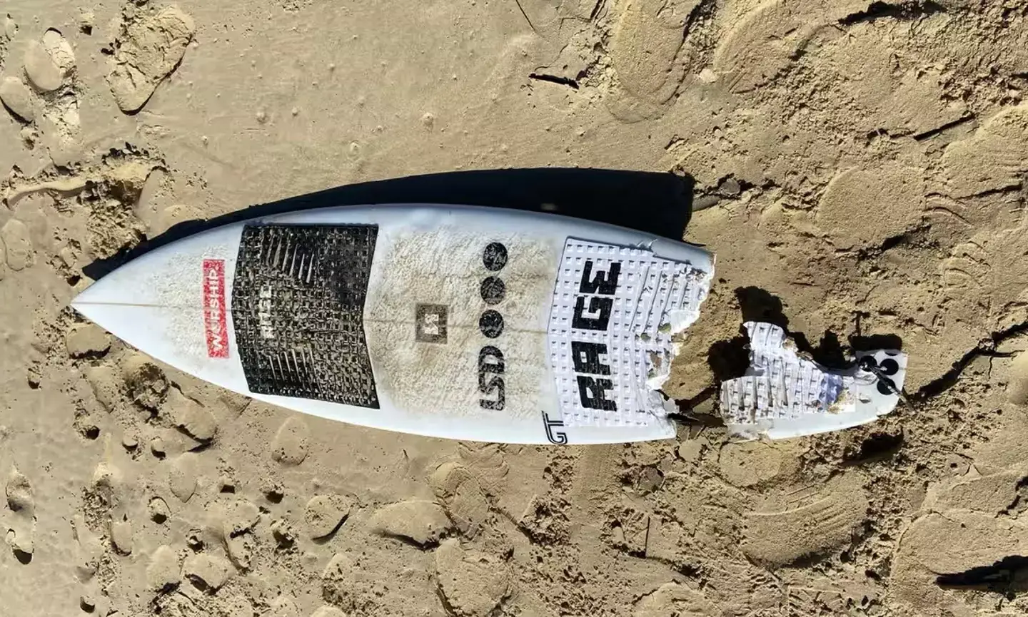 The shark reportedly took a massive chunk out of the board and the surfer's right leg (NSW police)