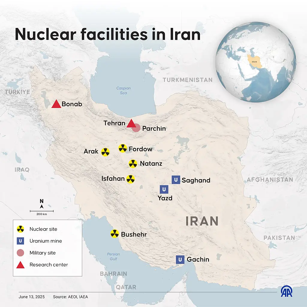 Infographic of where Iran's nuclear sites are located (Ufuk Celal Guzel/Anadolu via Getty Images)