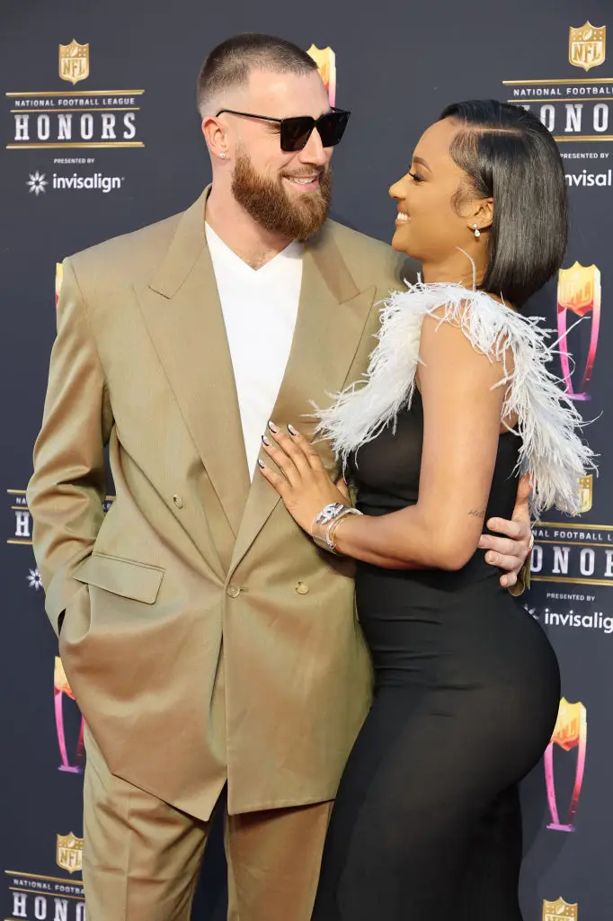 Travis Kelce with Kayla Nicole, pictured in February 2022 - just three months before they called it quits on their five-year on-off relationship (Amy Sussman/Getty Images)