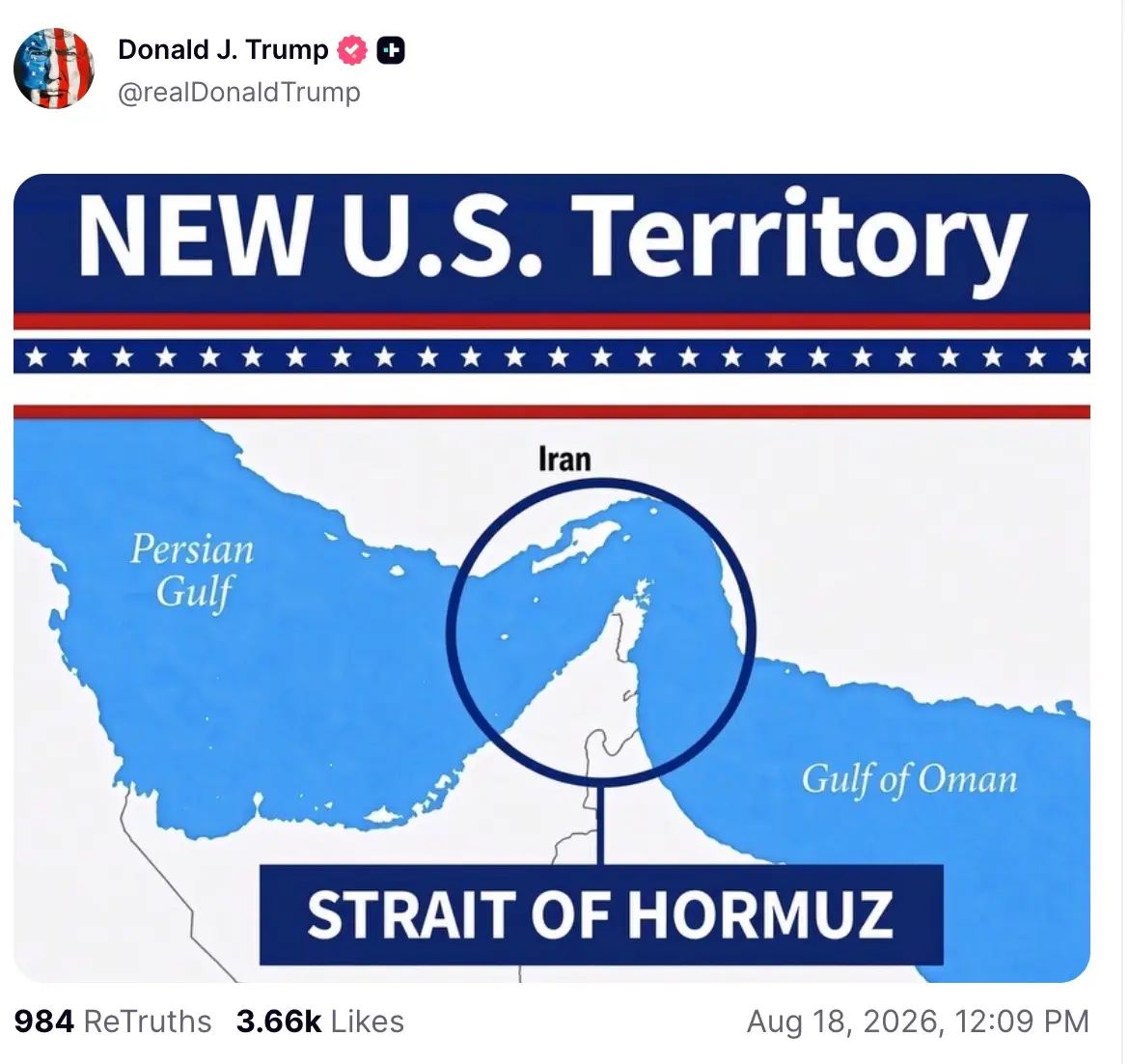 Trump's graphic declaring the Strait of Hormuz a US territory. (@realDonaldTrump/Truth Social)