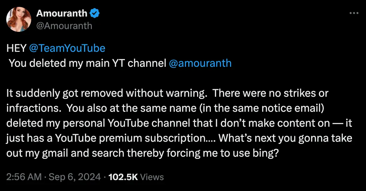Amouranth's main YouTube channel has vanished (Twitter/@Amouranth) 