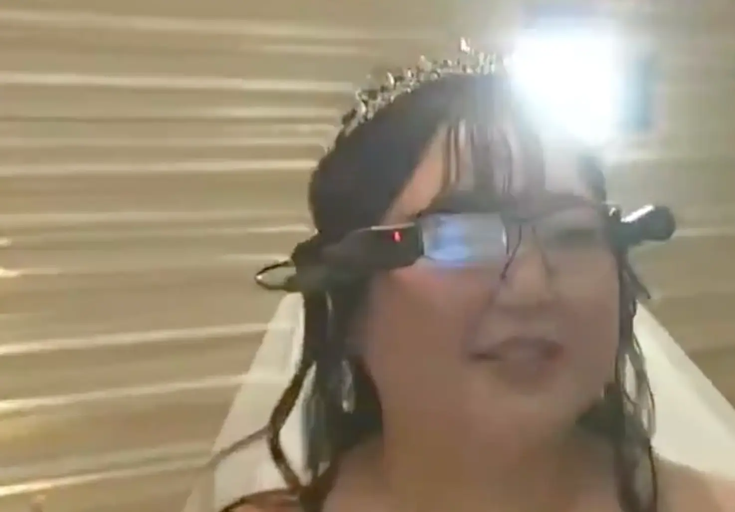 Kano had to use a VR headset to see her chatbot during the ceremony(RSK Sanyo Broadcasting)