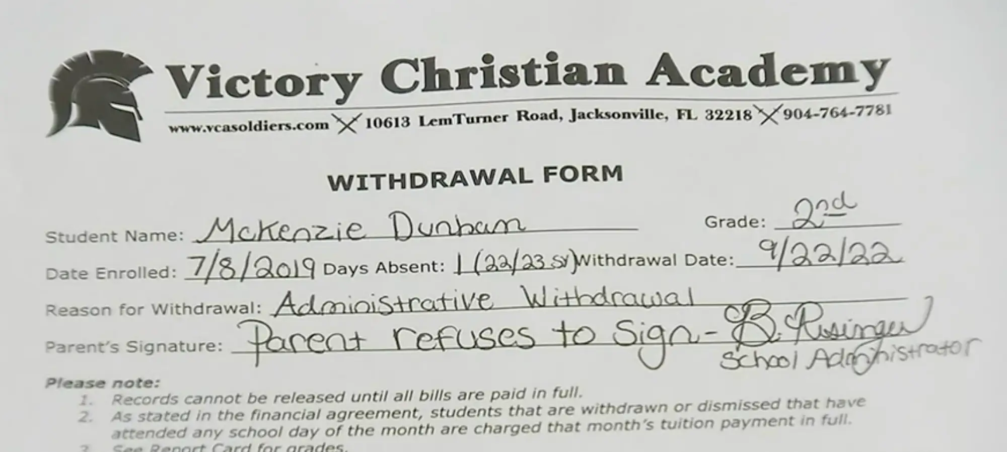 Their daughter is no longer at the school.