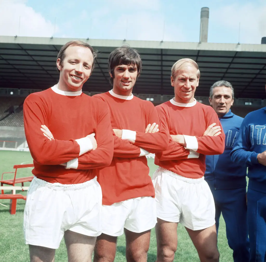 Nobby Stiles pictured with his late teammates George Best and Bobby Charlton (Cooper & Talbot/Mirror Syndication International/Mirrorpix via Getty Images)