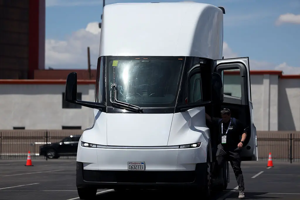 A Tesla Semi-Truck at the 2026 ACT Expo at the Las Vegas Convention Center (Ian Maule / Los Angeles Times via Getty Images)