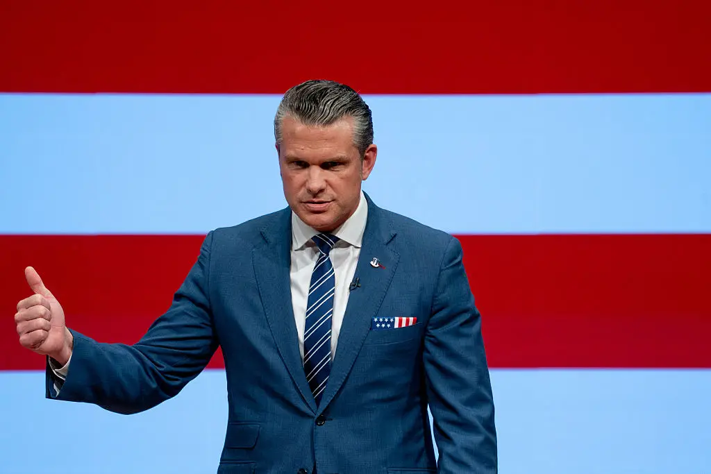 Pete Hegseth delivered his State of the Force address at the Marine Corps Base in Quantico, Virginia, on Wednesday (Stefani Reynolds/Bloomberg via Getty Images)