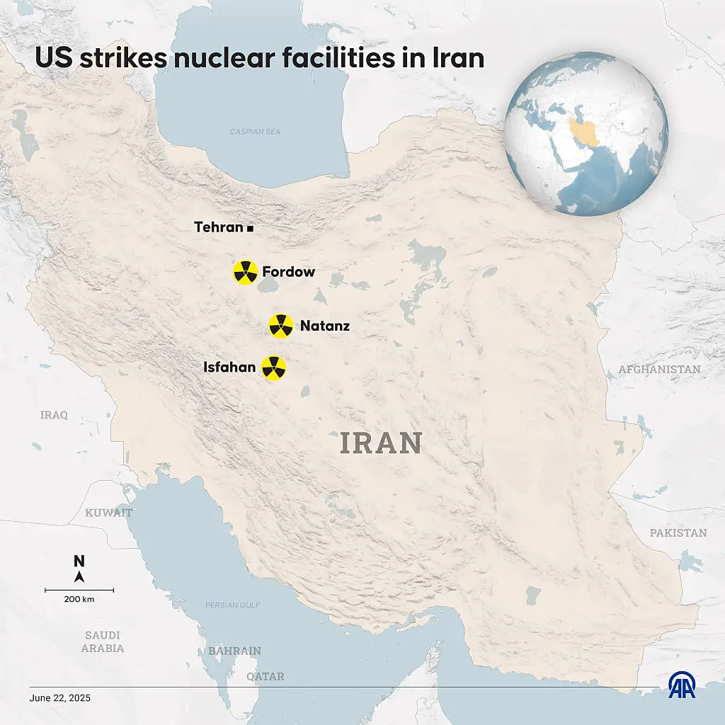 The location of the three key nuclear sites in Iran that the US bombed (Yilmaz Yucel/Anadolu via Getty Images)