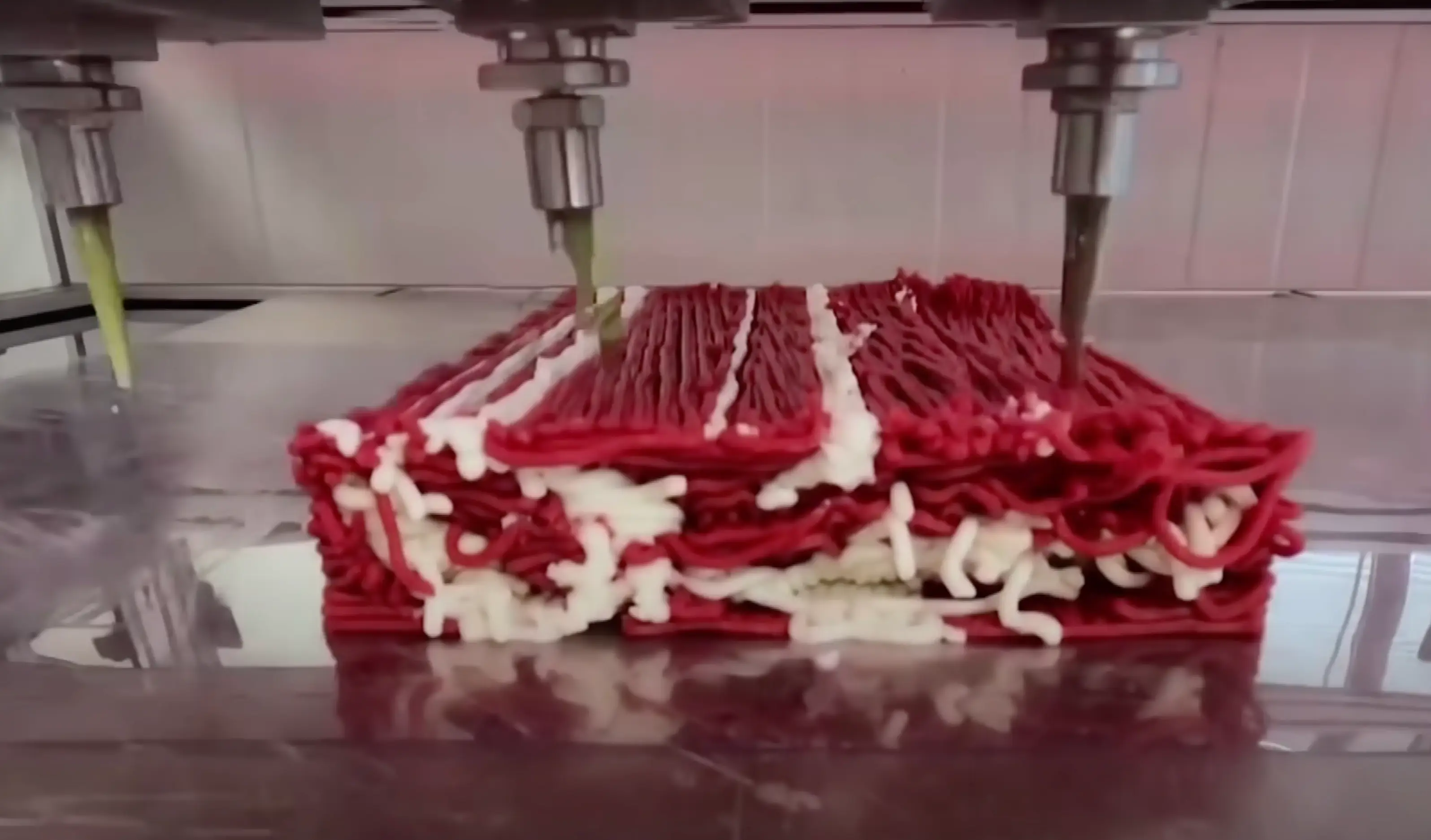 The fake steak is mass-produced in a 3D-printing lab (Inside Edition)