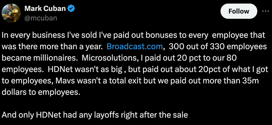 In selling Broadcast, Cuban made a majority of the company's employees millionaires (X/ @mcuban)
