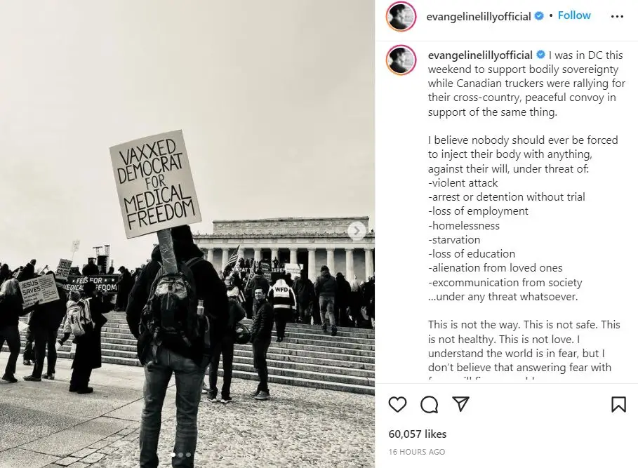 Evangeline Lilly at vaccine rally (Evangeline Lilly/Instagram)