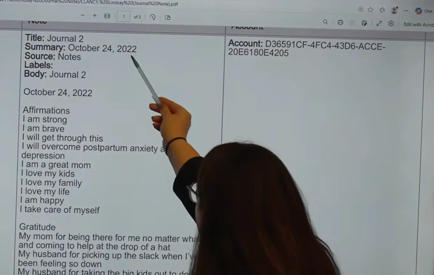 The mom-of-three's phone notes were read out (CBS Evening News)