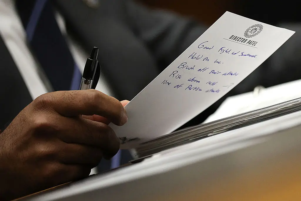 Federal Bureau of Investigation Director Kash Patel holds a handwritten note as he testifies before the House Judiciary Committee in the Rayburn House Office Building on September 17, 2025 in Washington, DC. Patel is facing questions from lawmakers for the second straight day following a contentious hearing before the Senate Judiciary Committee where he was criticized for his handling of investigations into the assassination of political activist Charlie Kirk and the case related to convicted sex offender Jeffrey Epstein (Win McNamee/Getty Images)