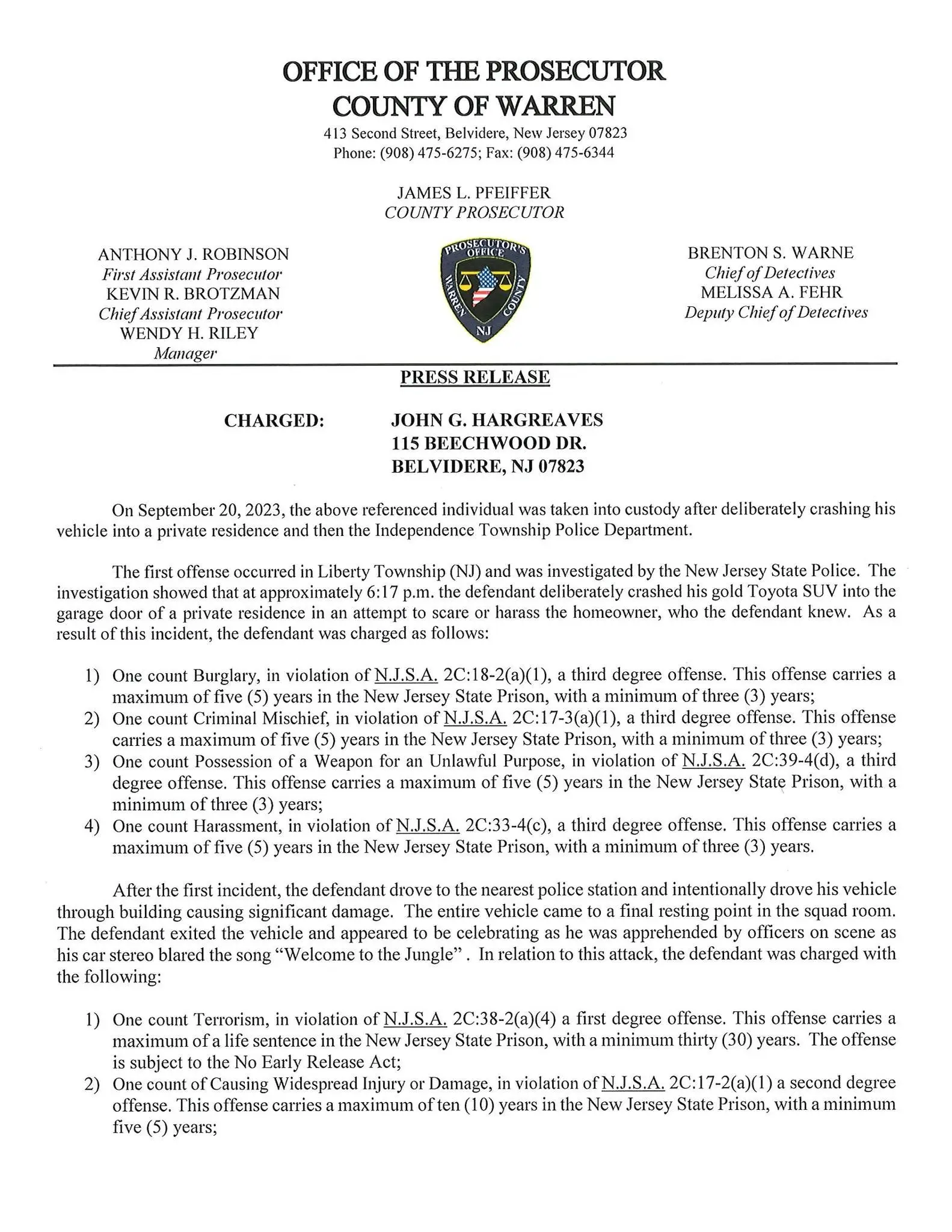 Hargreaves was arrested on terrorism charges as per a statement made by police.