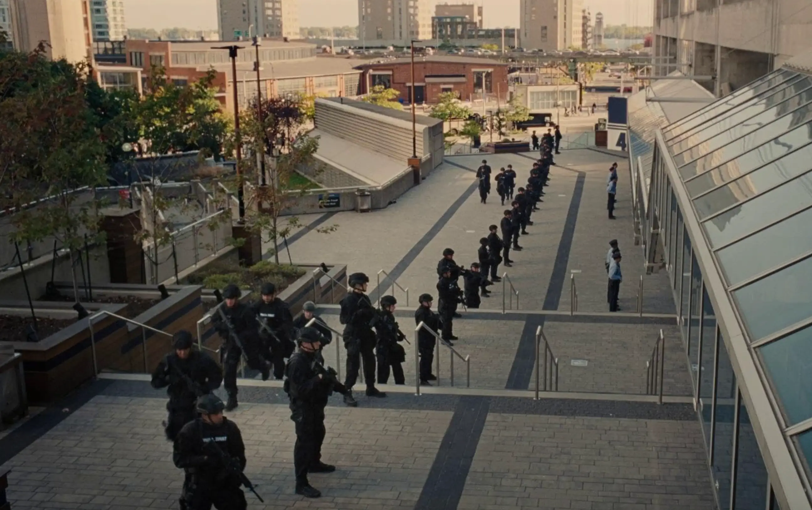 FBI lineup outside the concert in the fictional sting operation (Warner Bros.)