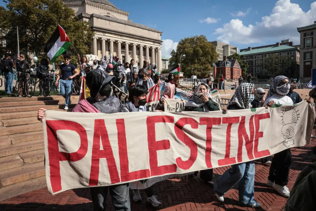 Pro-Palestine supporters marched through Columbia University campus on the first anniversary of the October 7 attacks (KENA BETANCUR/AFP via Getty Images)