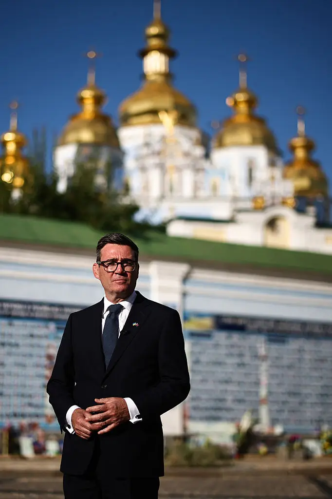 UK Prime Minister Andy Burnham held a press conference outside of St Sophia Cathedral, in Kyiv, to mark Ukraine's Independence Day (Henry Nicholls-WPA Pool/Getty Images)