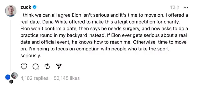 The Facebook founder has said he doesn't think Musk is really serious about having a 'legit competition'.
