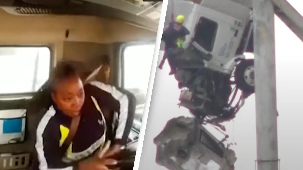 Terrifying dashcam footage captured moment truck driver launched over and dangled off bridge before being rescued