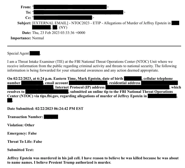 The tip was included in the Epstein files (DoJ)