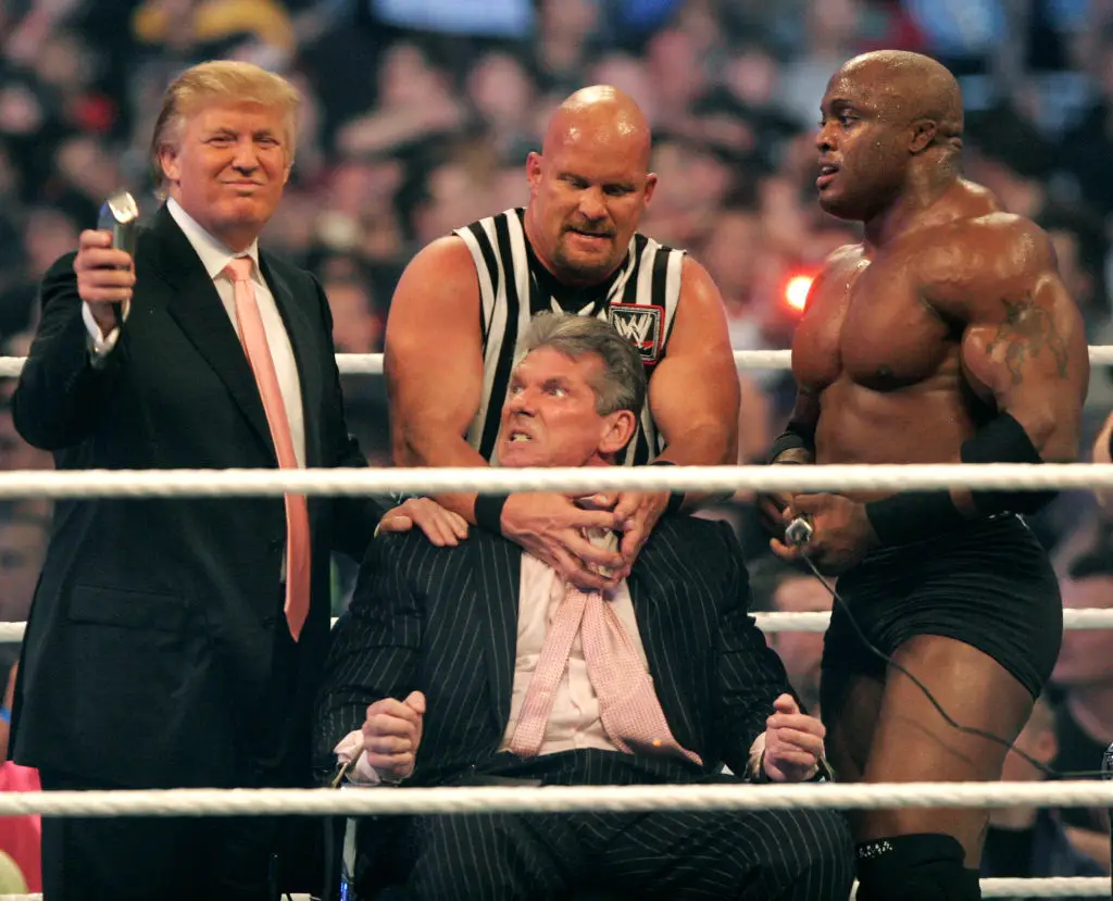 Trump shaving Vince McMahon's head at Wrestlemania 23' (Photo by Bill Pugliano/Getty Images)