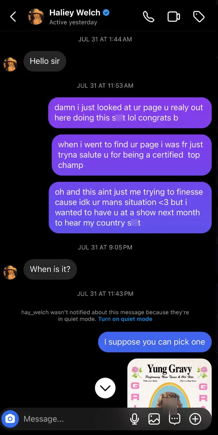 Yung Gravy shared screenshots of his messages to Hawk Tuah Girl. (@yunggravy/Twitter)
