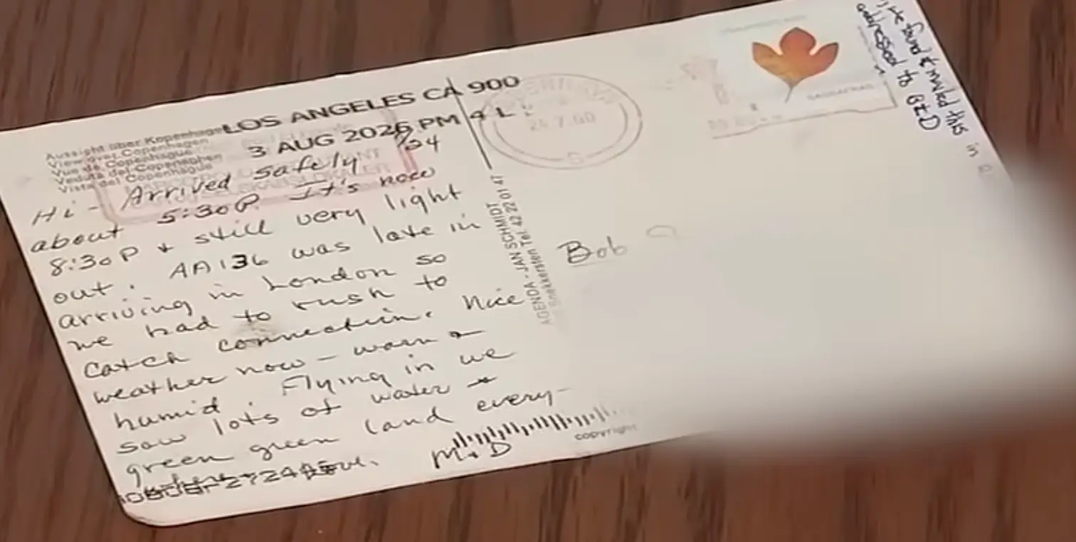 The card was postmarked in July of 2000, but its L.A. postmark is dated August 2026. (ABC7)