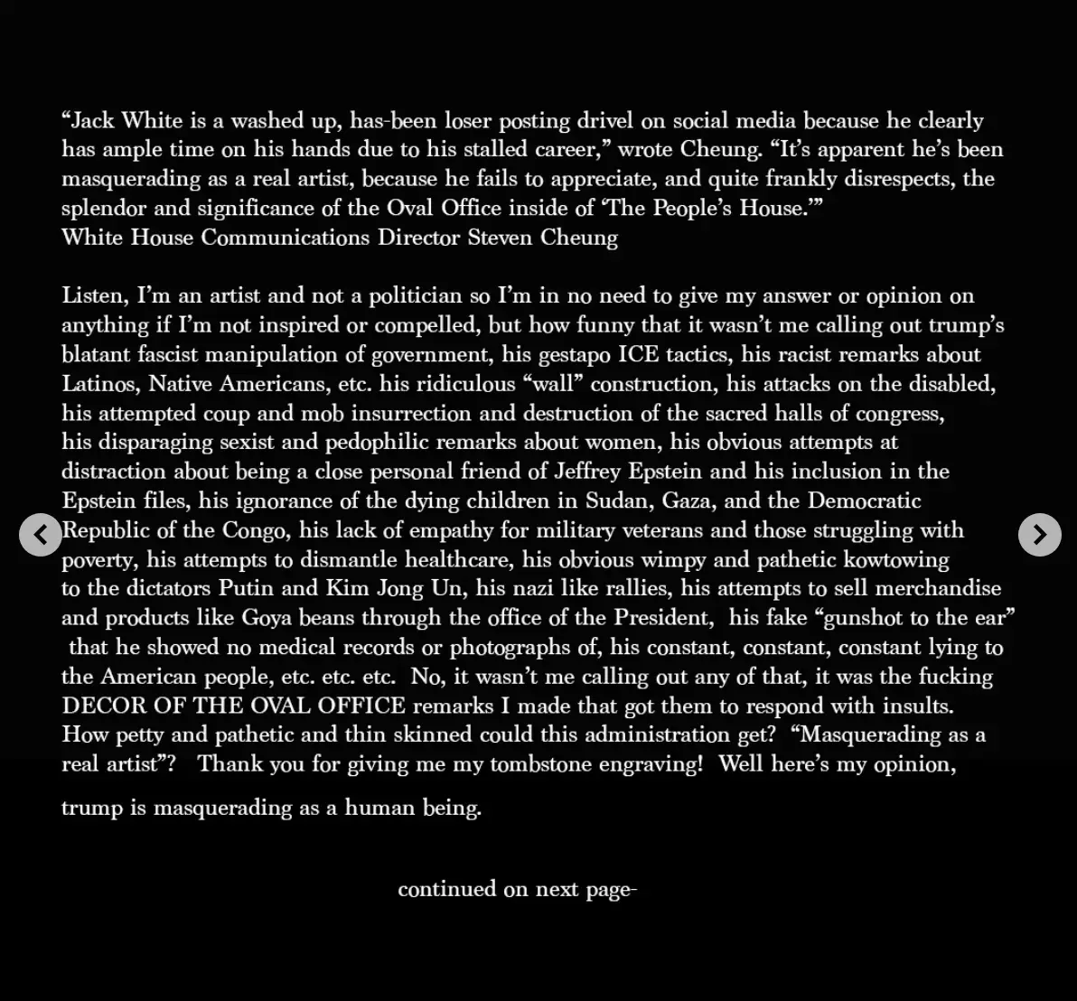 White didn't hold back with his response to Trump (Instagram/Officialjackwhite)