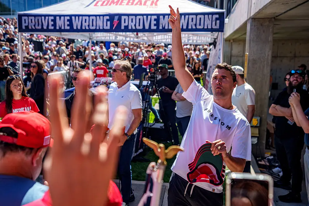 Kirk was shot in the neck while speaking to the crowd at the Turning Point event (Trent Nelson/The Salt Lake Tribune/Getty Images)