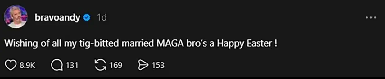 Andy Cohen has made multiple digs ay Bryon Noem since the report exposed a fetish he allegedly takes part in (Threads/@bravoandy)