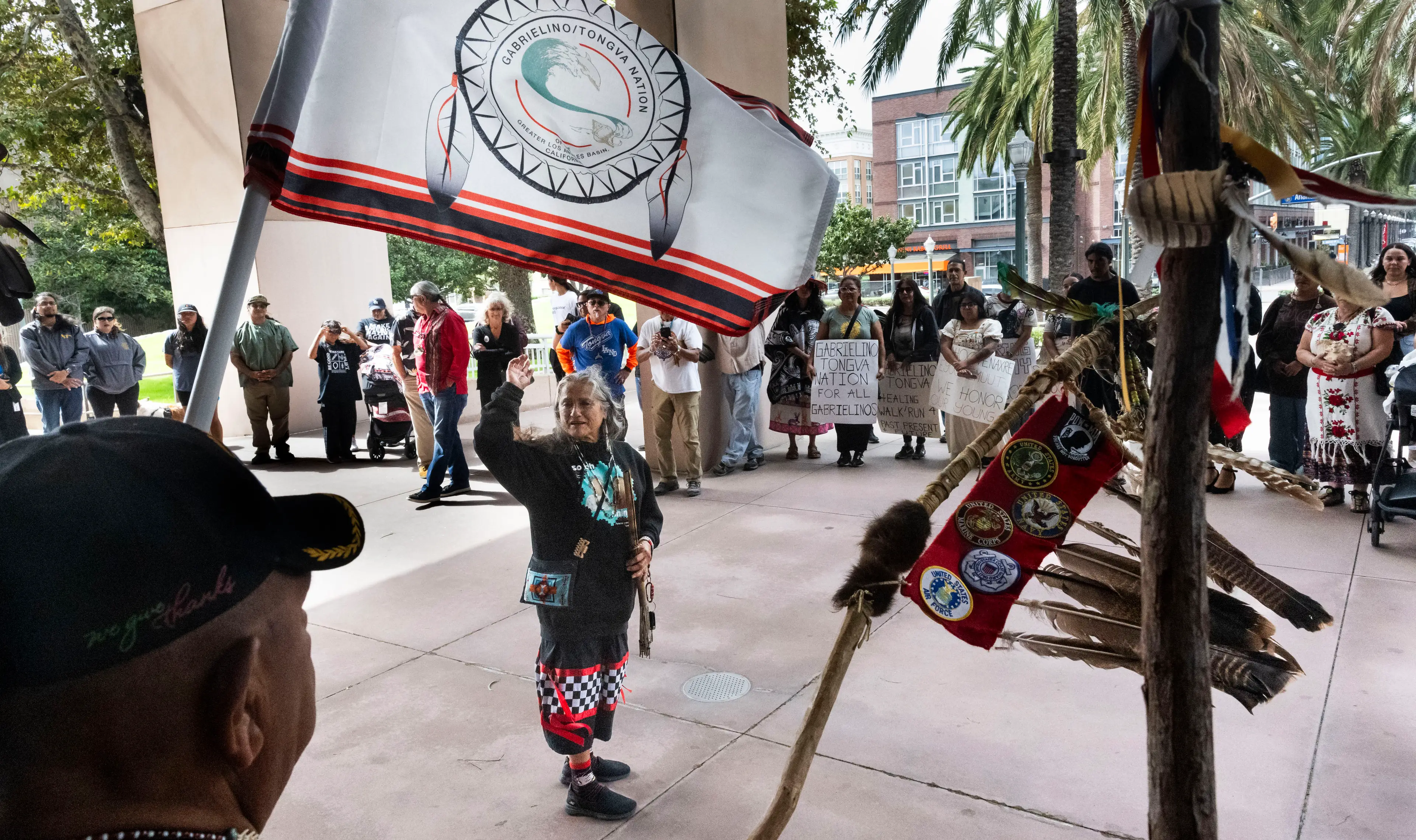 Virginia Carmelo, from the Gabrielino/Tongva Nation, speaking at city hall for Indigenous Peoples Day in California (Paul Bersebach/MediaNews Group/Orange County Register via Getty Images)