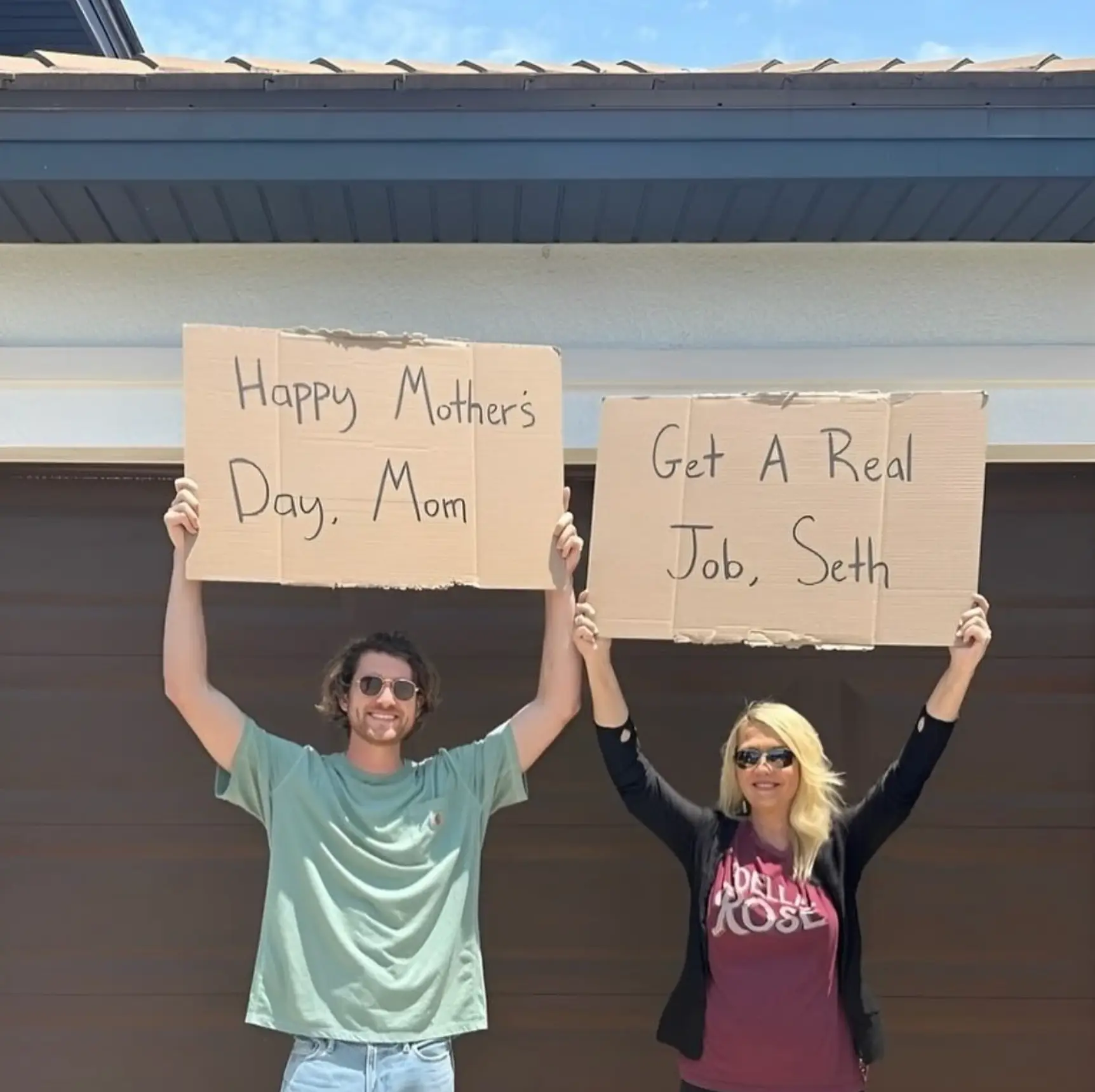 Hilariously, Dude With Sign - pictured recently protesting with his mom - explained that he takes his iconic sunglasses off when he doesn't want to be spotted out in public - like the opposite of a Clark Kent (Instagram/dudewithsign)