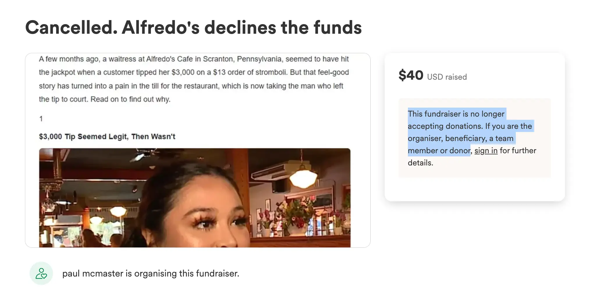 The fundraiser has since stopped.