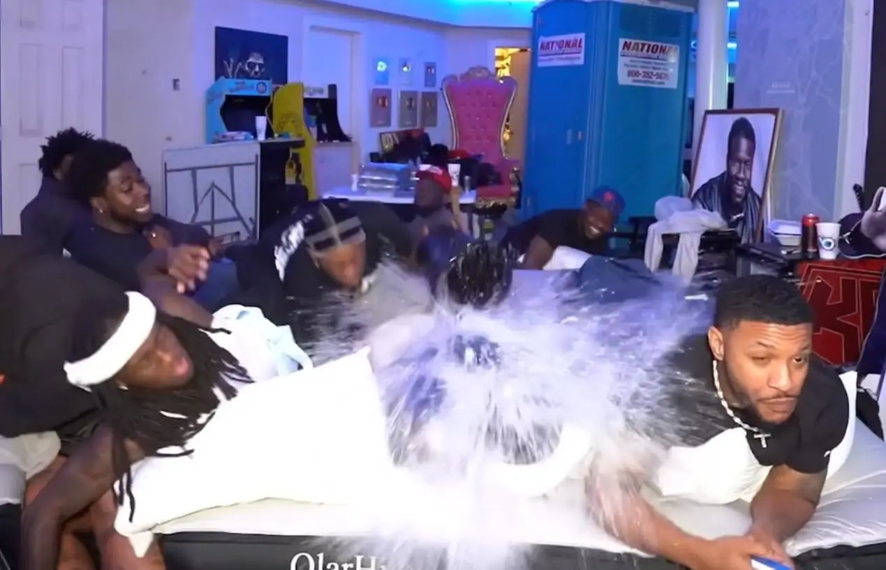 After the actor fell asleep, he was in for a serious soaking. (Twitch/Kai Cenat)