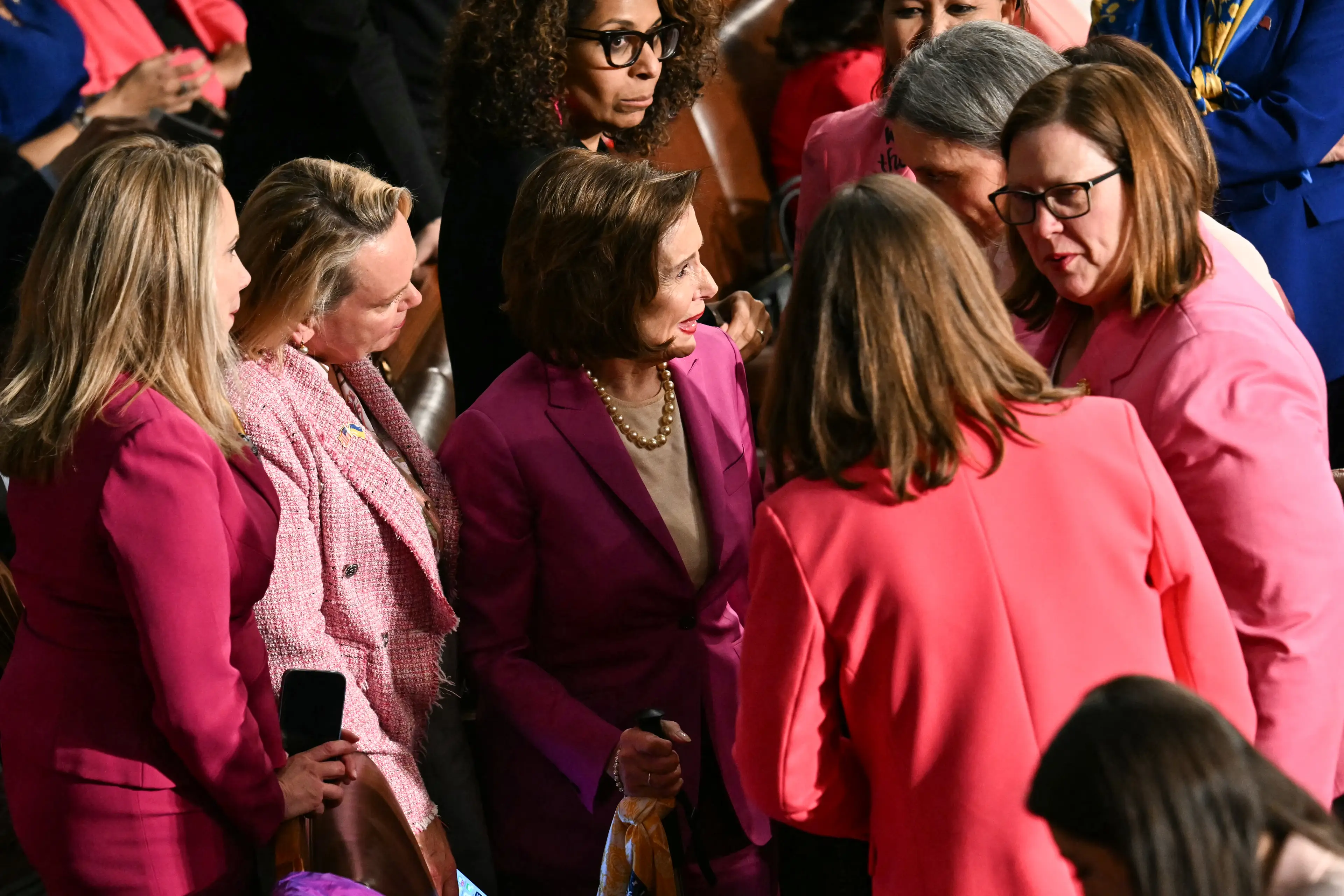 Dozens of Democratic lawmakers wore pink to President Trump's first joint session of Congress (JIM WATSON/AFP via Getty Images) 