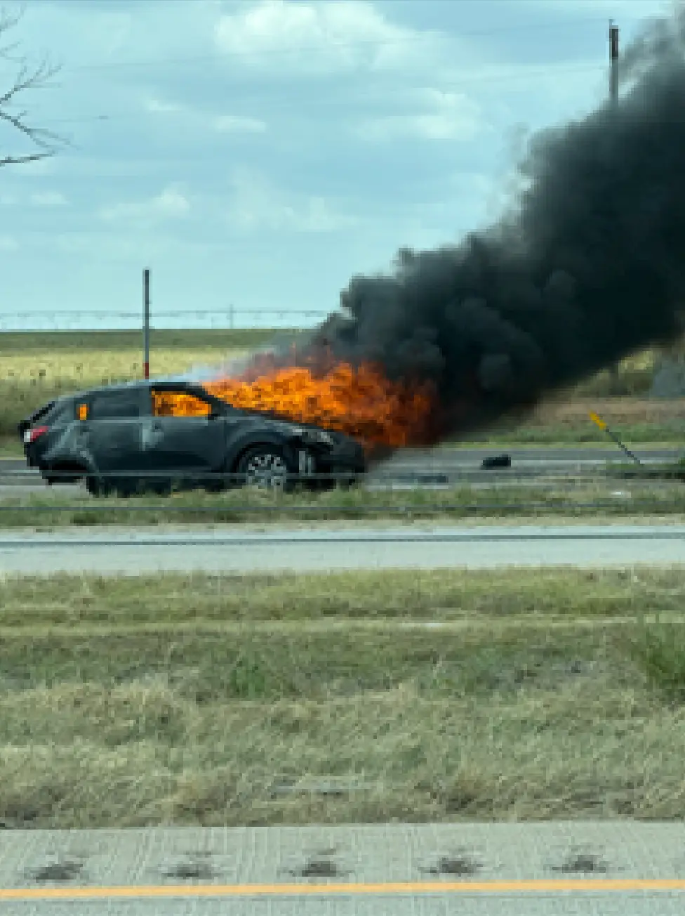 Aidan's car burst into flames after it landed following the collision (GoFundMe)