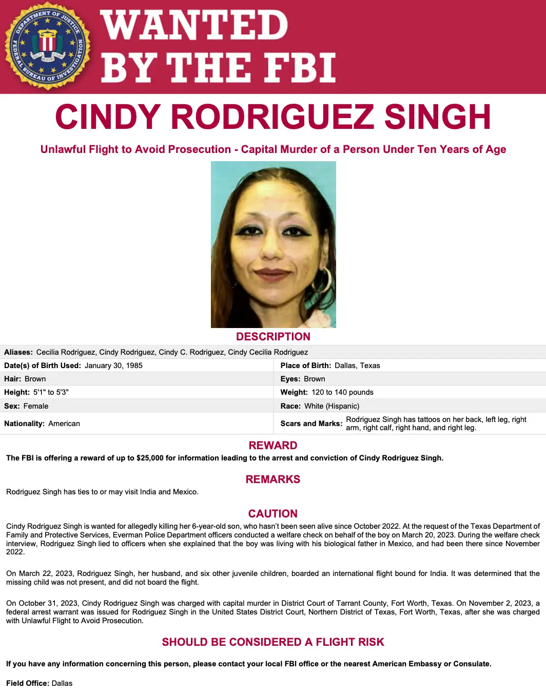 Police have said Rodriguez Singh described her disabled son as 'evil'. (FBI)