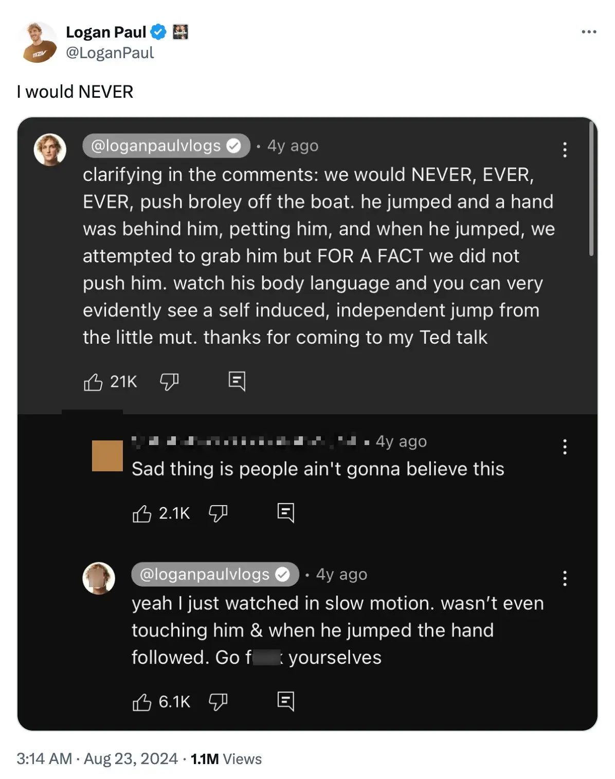 Logan Paul has doubled down on his previous comments. (@LoganPaul/Twitter)