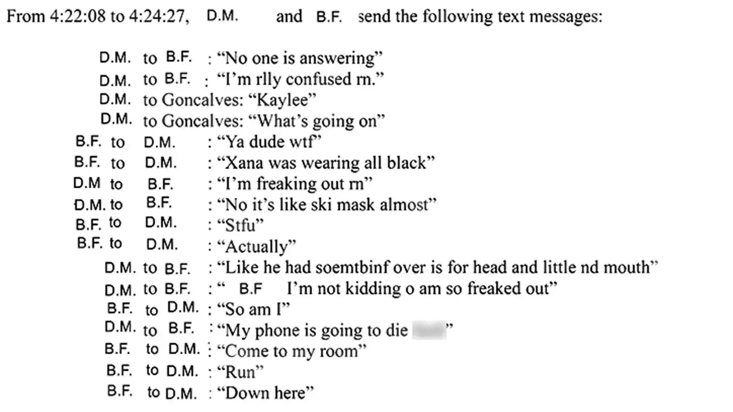 Just five minutes after the attack is said to have ended, the two surviving roommates message each other (Court filing)