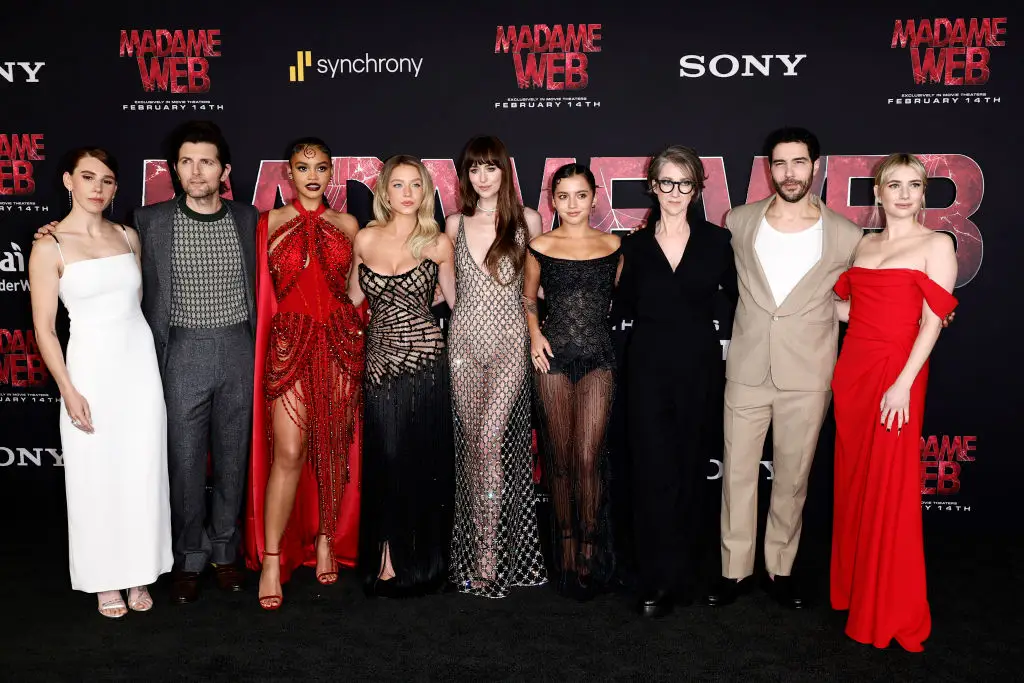 Emma Roberts starred in Madame Web alongside Sydney Sweeney and Dakota Johnson. (Frazer Harrison/Getty Images)