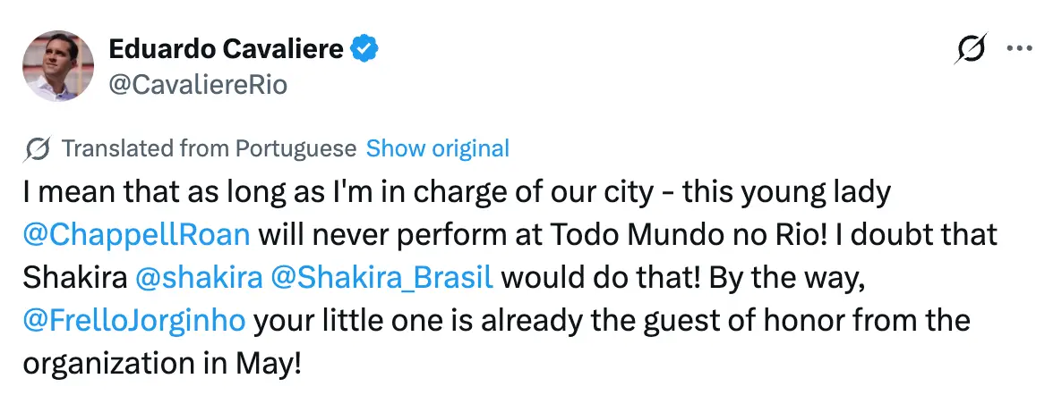 Rio's mayor, Eduardo Cavaliere, has spoken out about the alleged ordeal (Twitter)