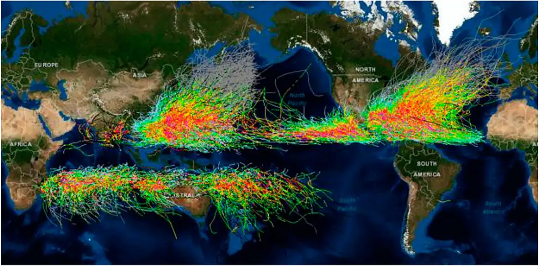 Global tropical storm tracks from 1848 to 2013 (NOAA Digital GeoZone)