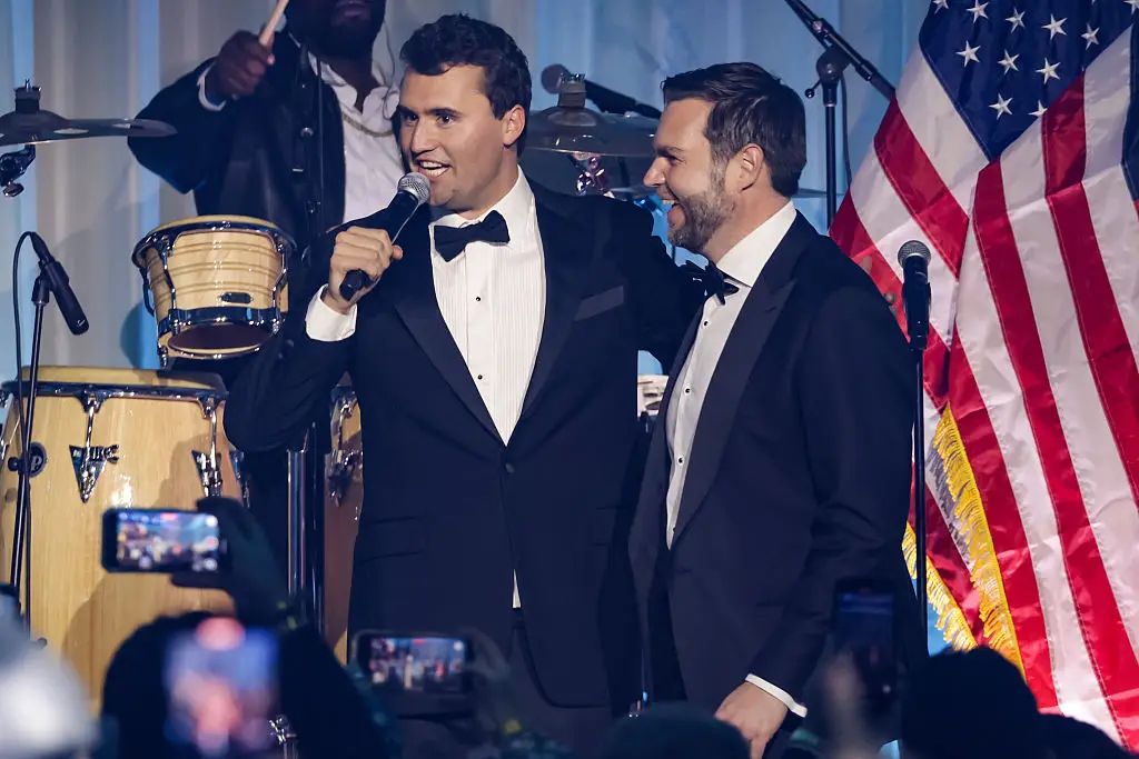 JD Vance with Charlie Kirk snapped in January at Turning Point Inaugural Eve Ball (Samuel Corum/Getty Images)