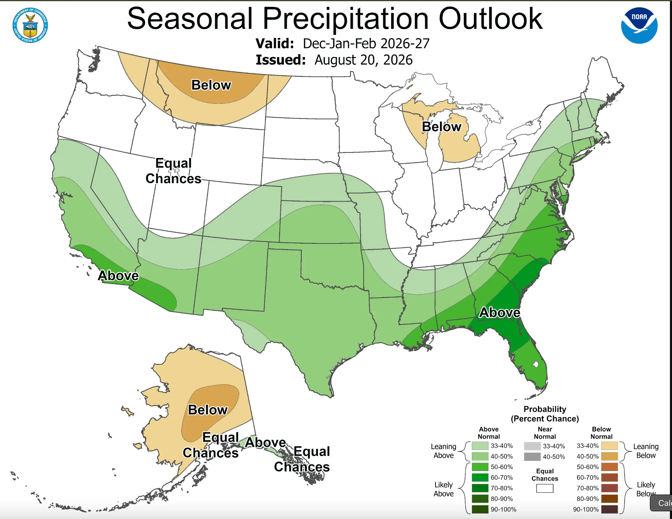 NOAA's Climate Prediction Center map shows which US states can expect 'higher than normal' rains this Winter (NOAA)