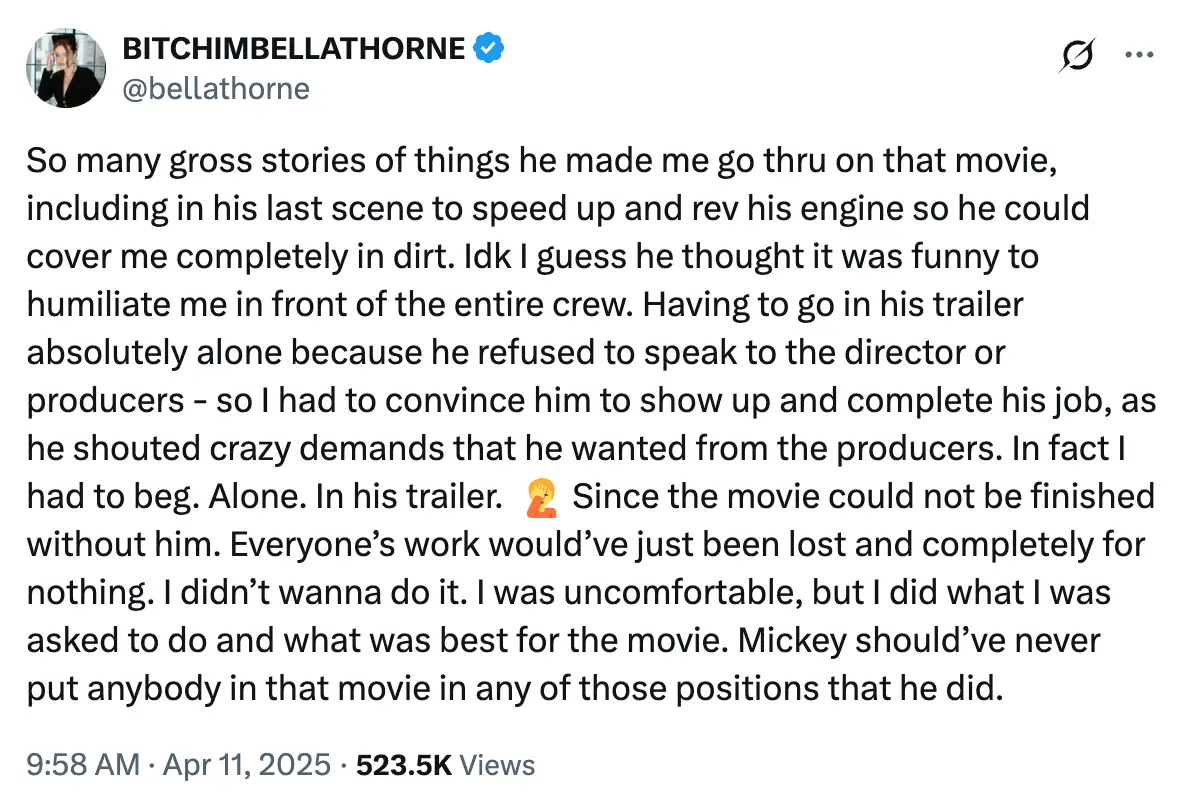Bella Throne has spoken out on working with Mickey Rourke (@bellathorne/Twitter)