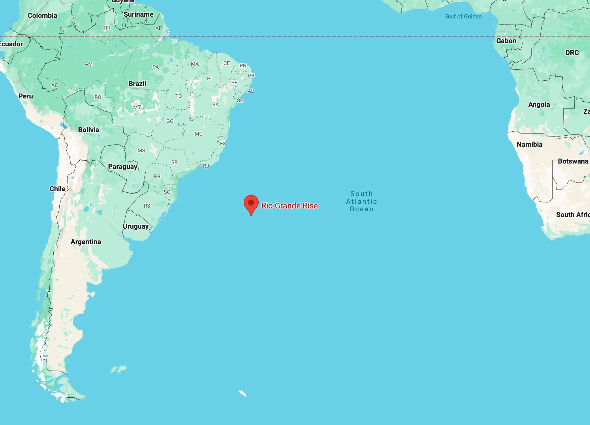 The once tropical island of Rio Grande Rise sits around 750 miles off the coast of Brazil in the Atlantic Ocean (Google Maps)