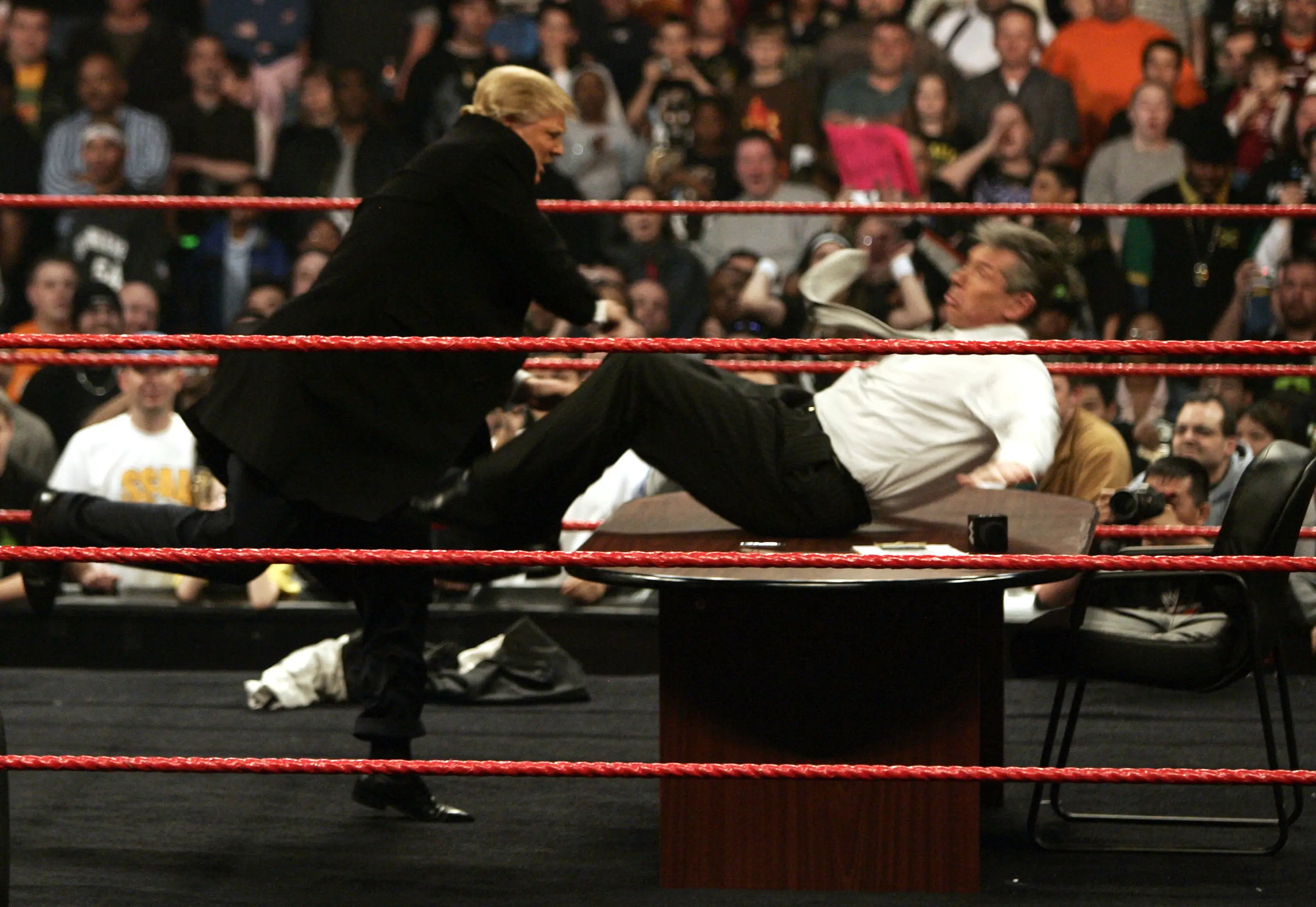 Perhaps Donald Trump will return to the ring for the UFC event, after slamming McMahon at a 2007 Wrestlemania event (Sam Greenwood/WireImage for World Wrestling Entertainment, Inc)